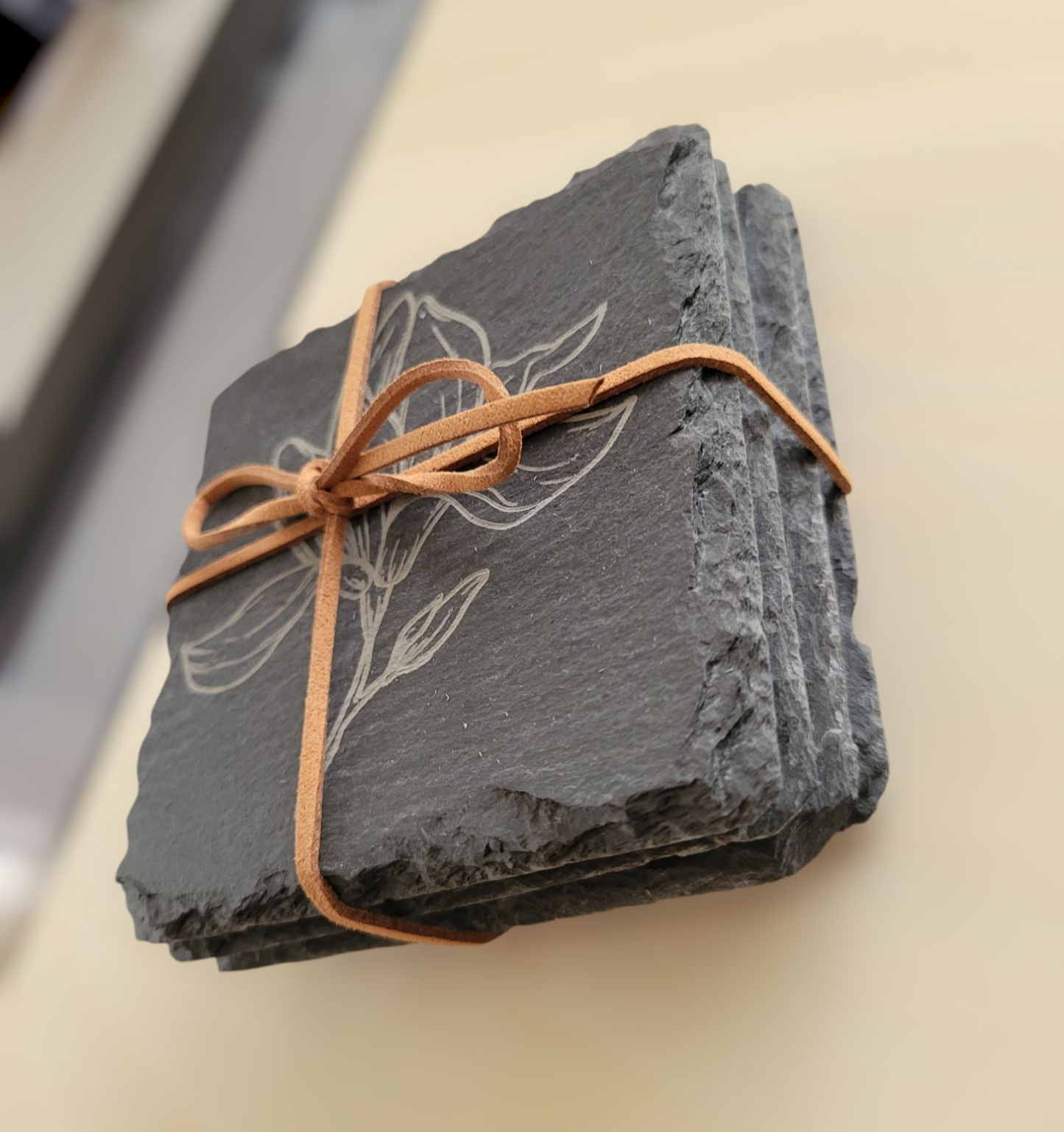 Floral Etched Slate Coaster Set