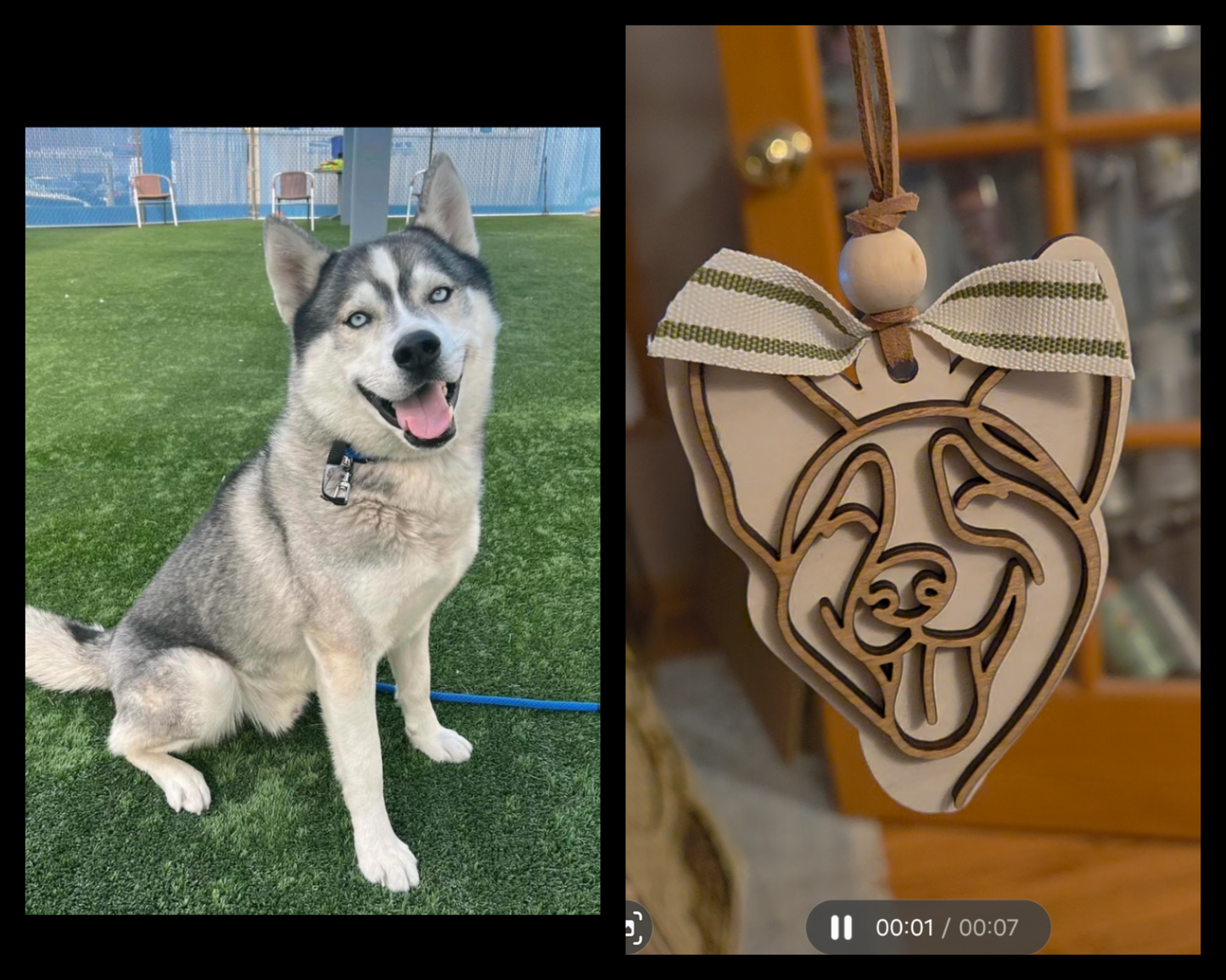Custom wooden line art dog ornament personalized from customer's pet photo.