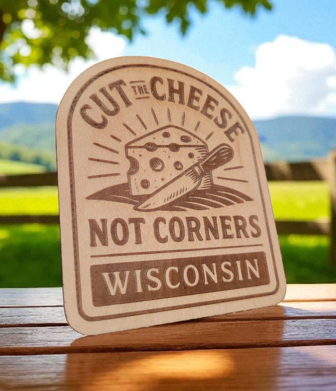 Wood magnet engraved with cheese wedge, knife, and the phrase “Cut the Cheese, Not Corners – Wisconsin.”