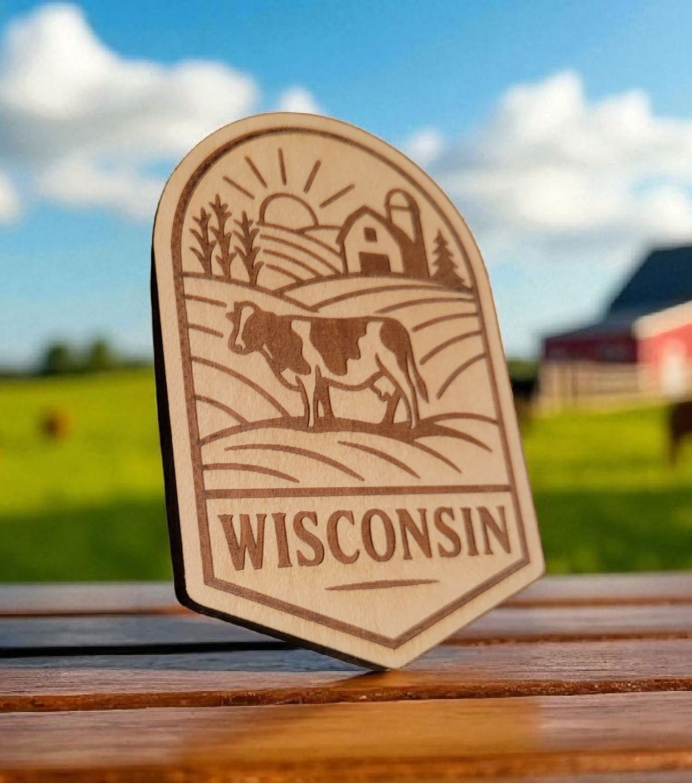Laser-engraved wood magnet with a cow, barn, cornfield, and rising sun in a scenic Wisconsin farm badge design.