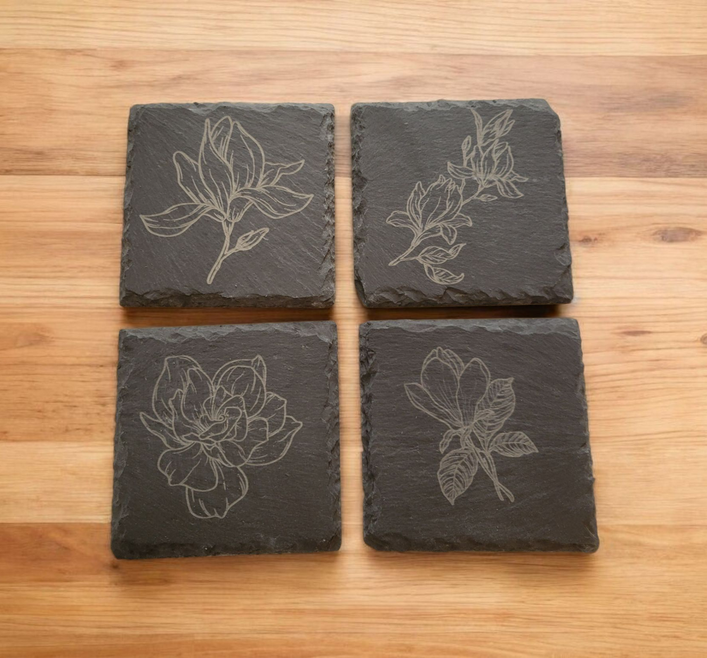 Floral Etched Slate Coaster Set