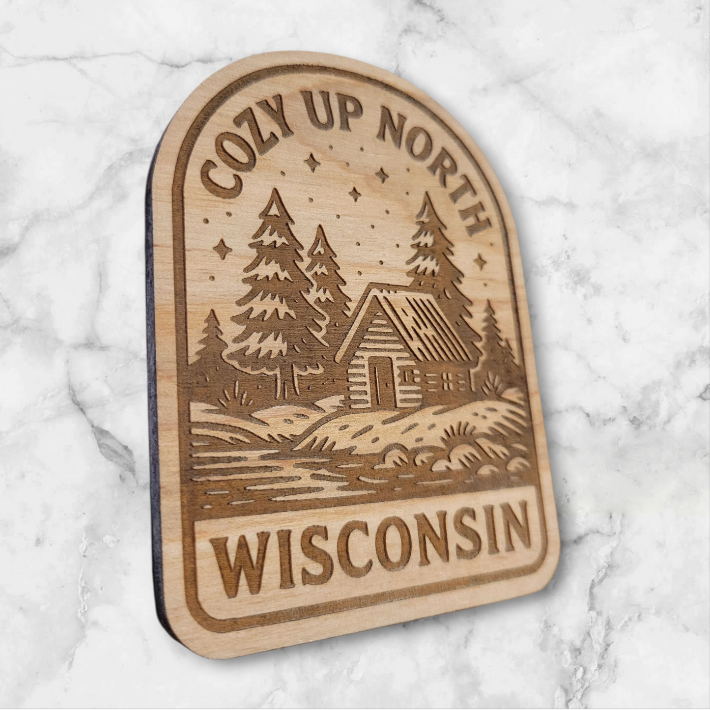 Handcrafted wood magnet with cabin under starry sky – perfect Up North souvenir or cabin gift