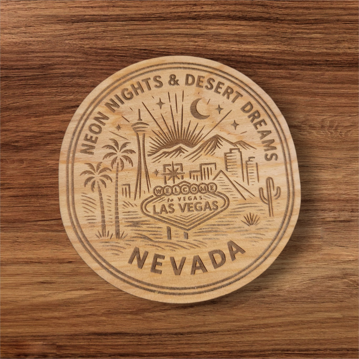 Neon Nights & Desert Dreams Magnet – Las Vegas Strip Woodcut