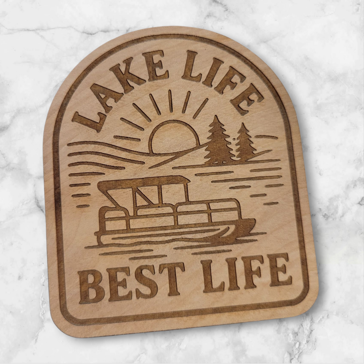 Laser engraved wood magnet with pontoon boat and sunset – Lake Life Best Life design for lake cabin decor