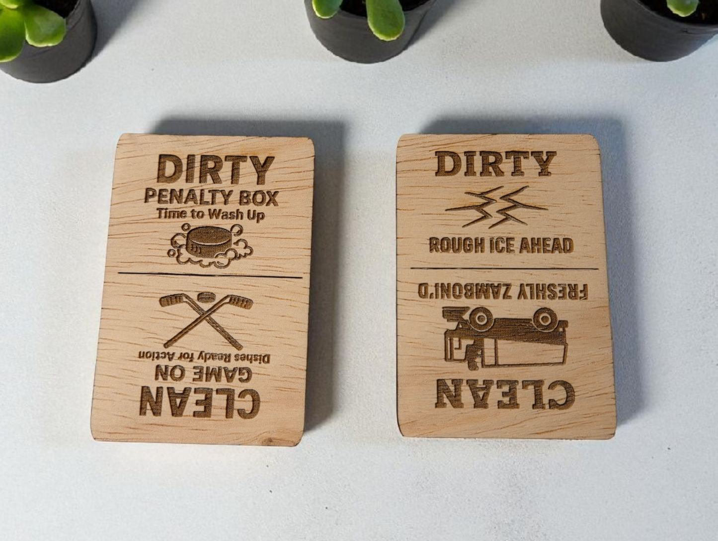 Hockey dishwasher magnet with Game On and Penalty Box design on wood