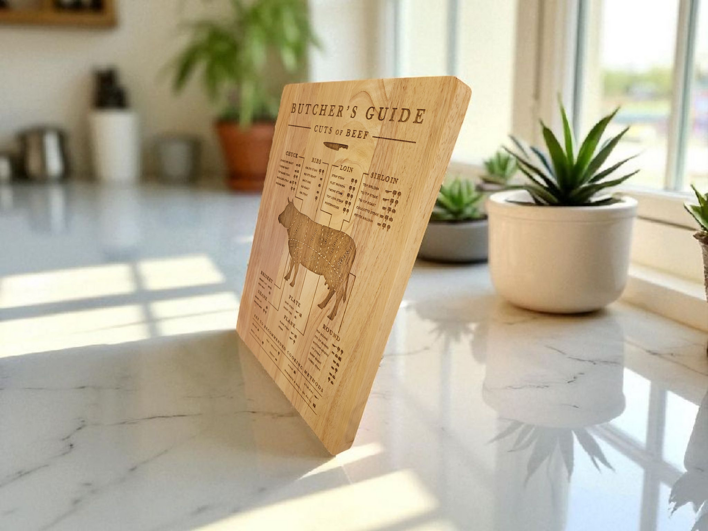 Solid wood butcher board engraved with beef cuts diagram, rustic kitchen style, handmade in Wisconsin.