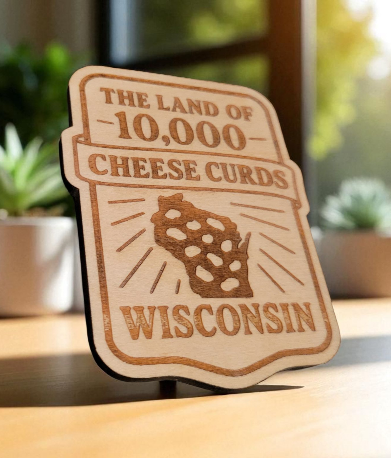 Laser-cut wooden Wisconsin magnet that reads “The Land of 10,000 Cheese Curds” with a cheese-curd-shaped state outline, styled on a badge shape.