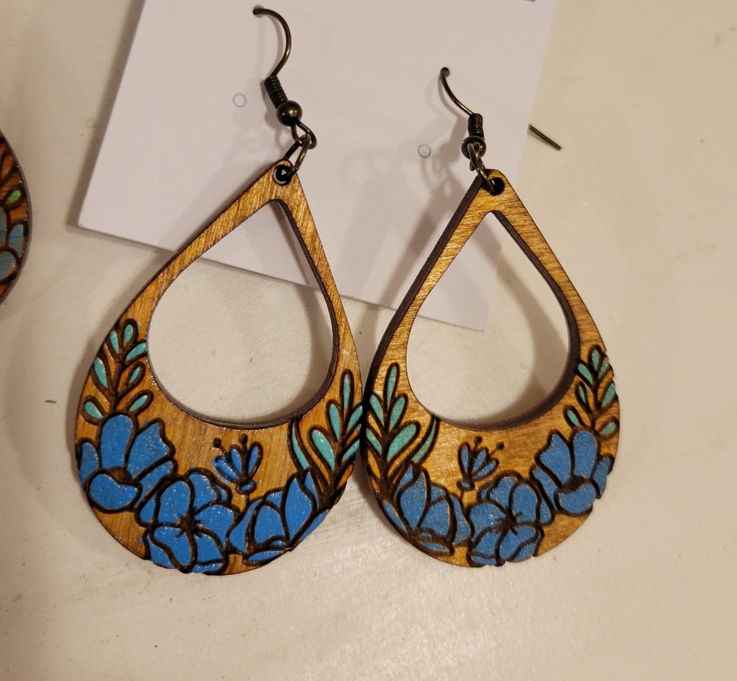 Teardrop Floral Painted Wood Earrings