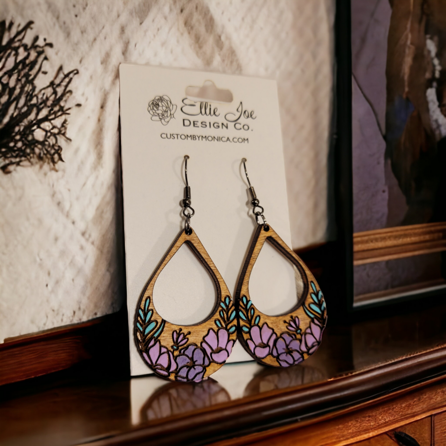 Teardrop Floral Painted Wood Earrings
