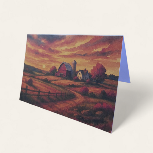 Greeting card featuring a warm Wisconsin barn sunset scene.