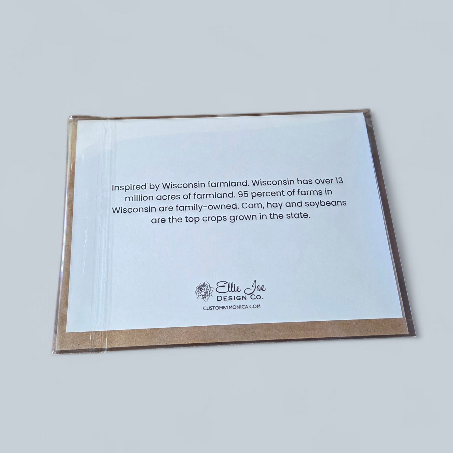 Back of card with Wisconsin farmland story and Ellie Joe Design Co. logo.