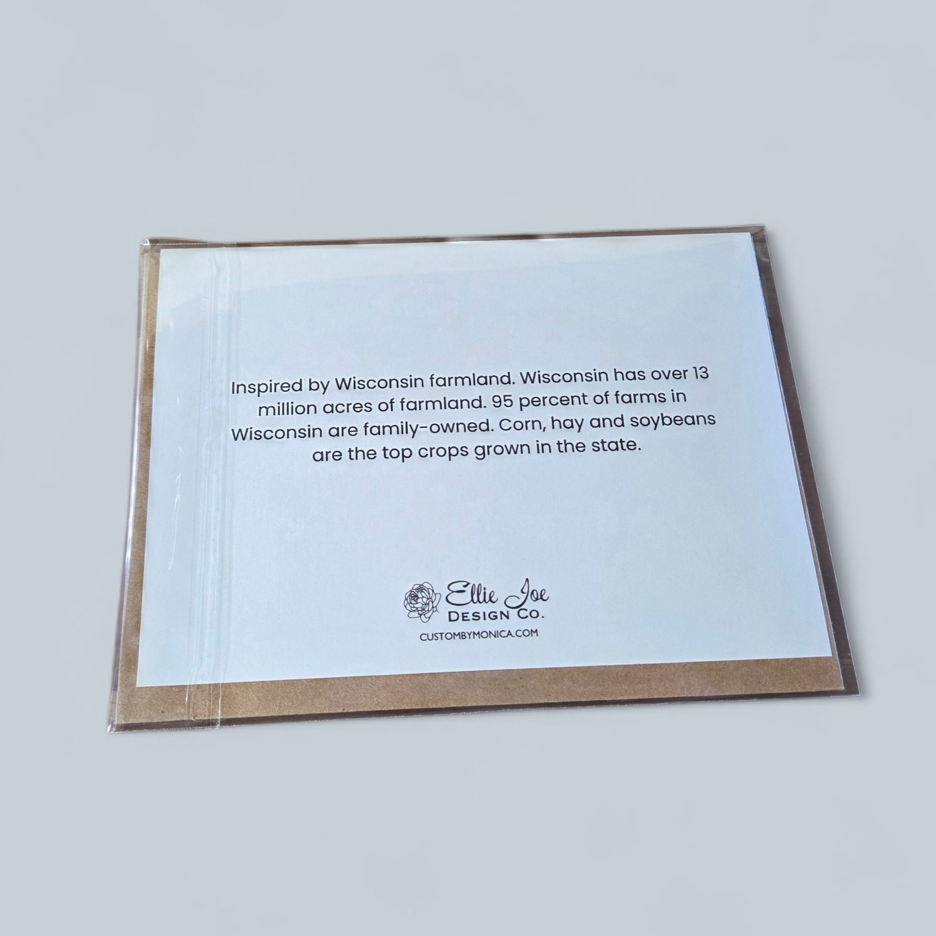 Back of card with Wisconsin farmland story and Ellie Joe Design Co. logo.