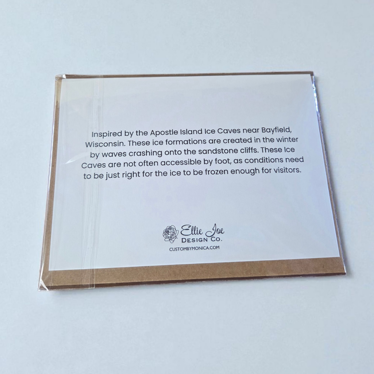 Back of card with Apostle Islands story and Ellie Joe Design Co. logo