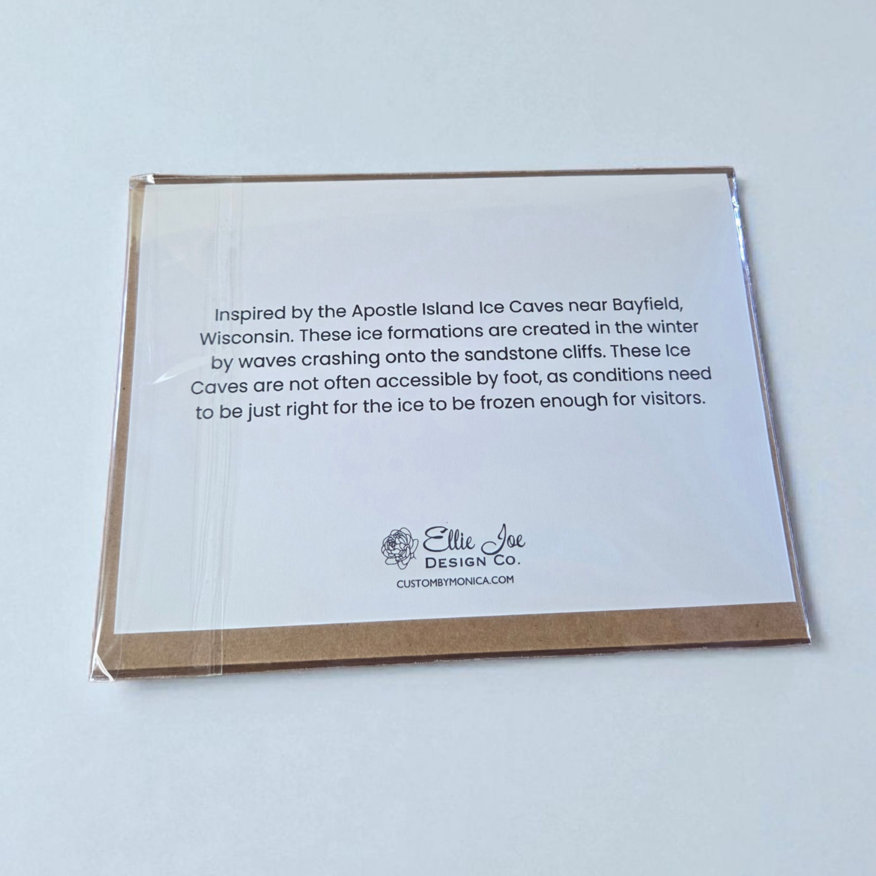 Back of card with Apostle Islands story and Ellie Joe Design Co. logo