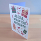 Funny Christmas greeting card reading ‘Alexa, Wrap the Presents’ surrounded by wrapped gift illustrations.
