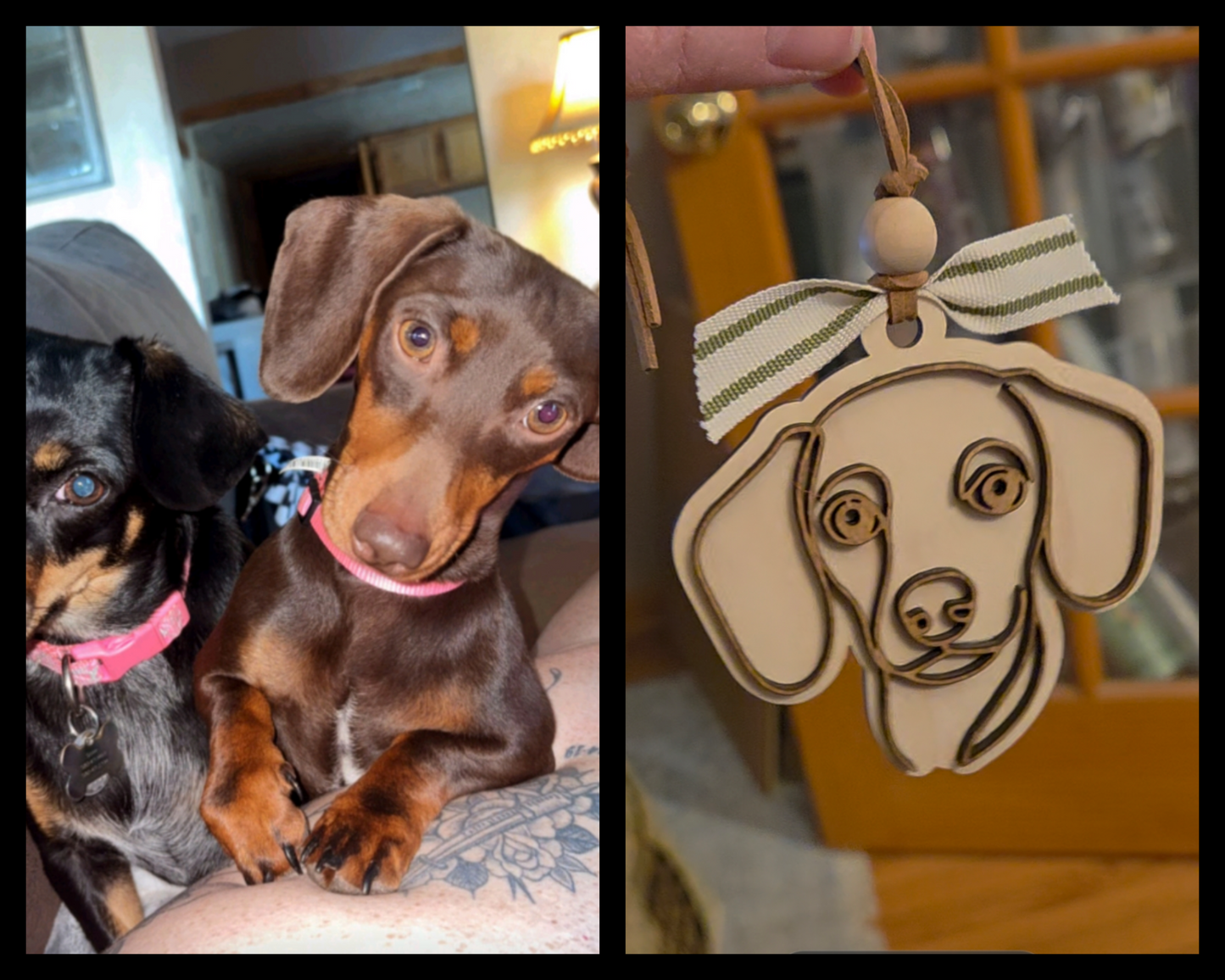 Custom wooden line art dog ornament personalized from customer's pet photo.