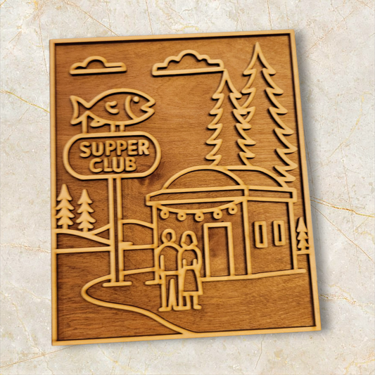 Laser-cut wood artwork of a Wisconsin supper club with fish sign, pine trees, and couple walking in. Handmade rustic wall décor.