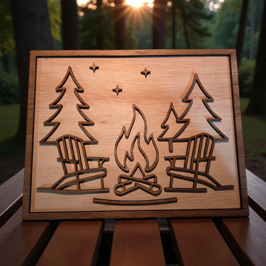 Layered wood campfire sign with Adirondack chairs and pine trees