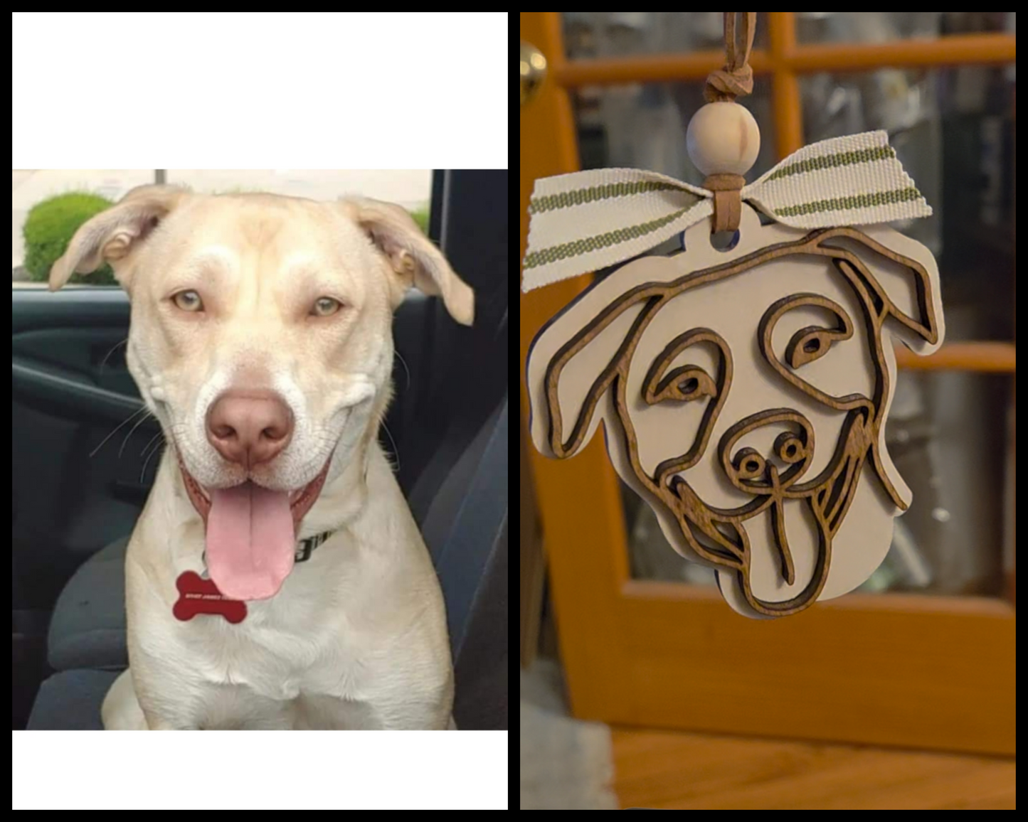 Custom wooden line art dog ornament personalized from customer's pet photo.