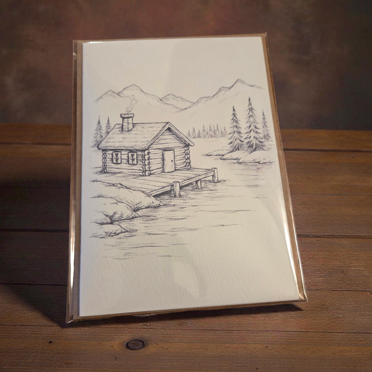 diy paint your own card cozy cabin lakeside illustration