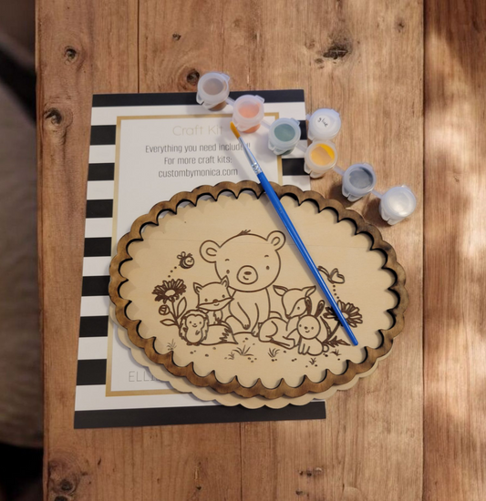 DIY forest animal painting kit with framed woodland cutouts, ready-to-paint wooden craft for kids, handmade in Wisconsin.