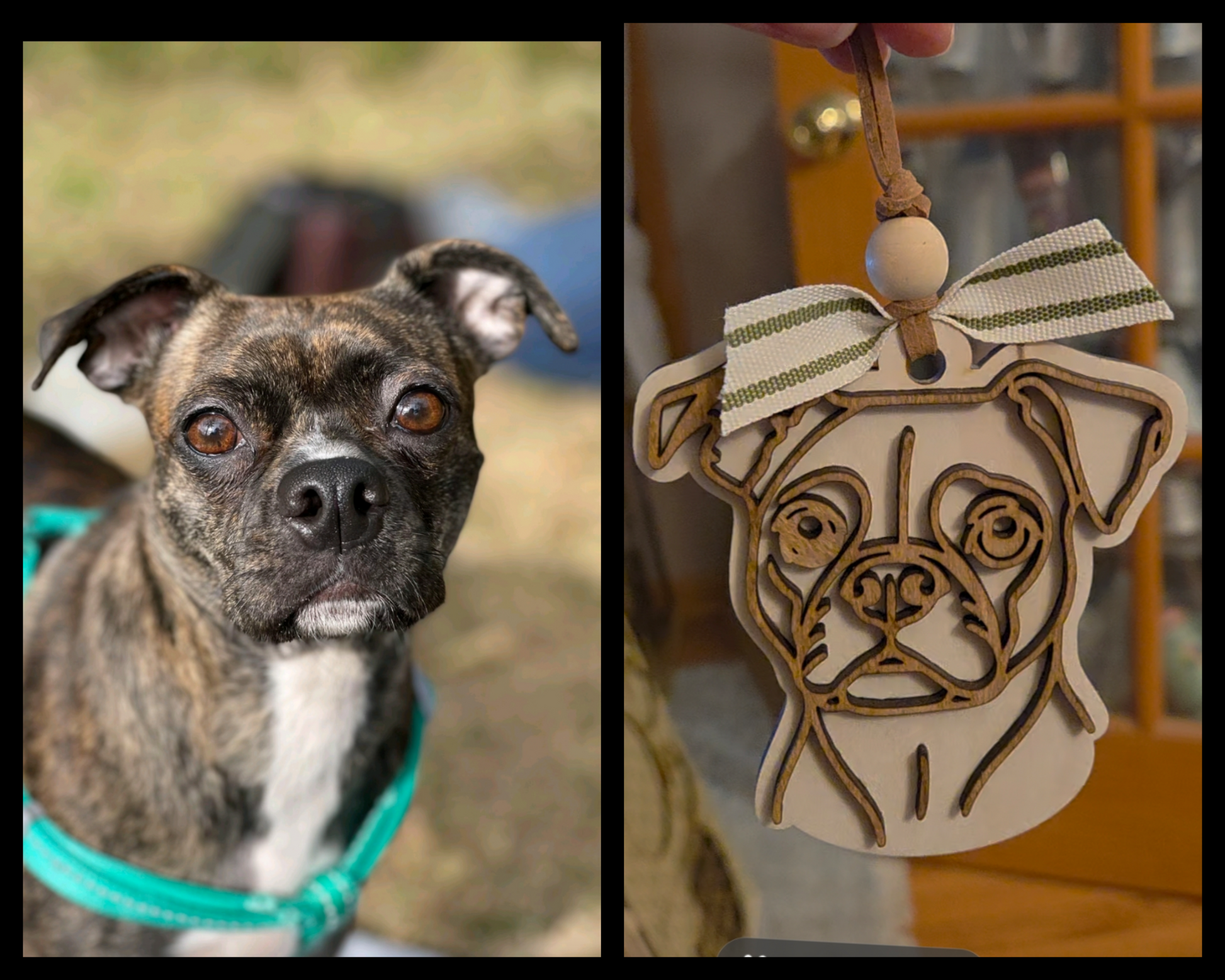 Custom wooden line art dog ornament personalized from customer's pet photo.