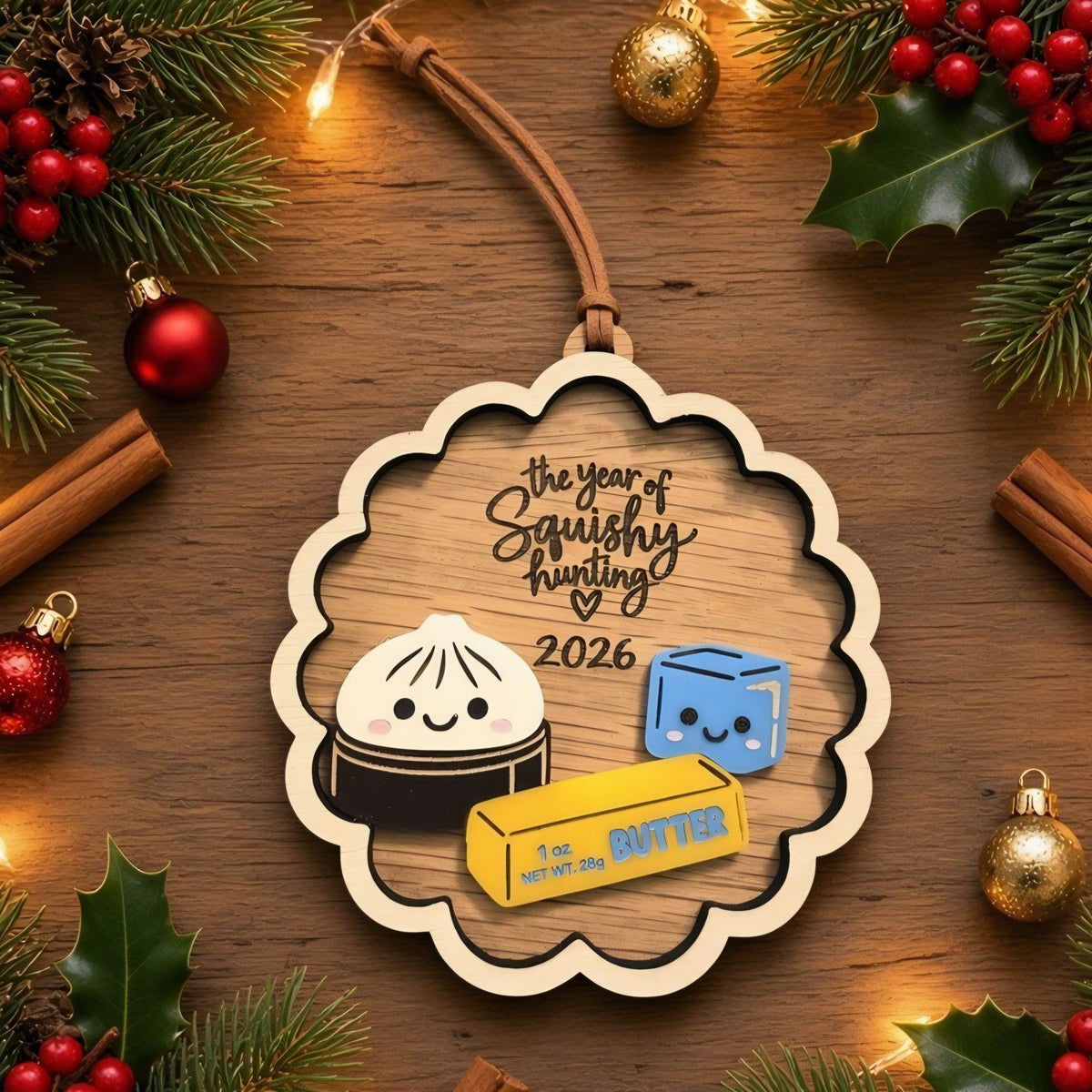 The Year of Squishy Hunting 2026 layered wood Christmas ornament featuring a squishy dumpling, butter squish and blue ice cube squishy on natural wood.