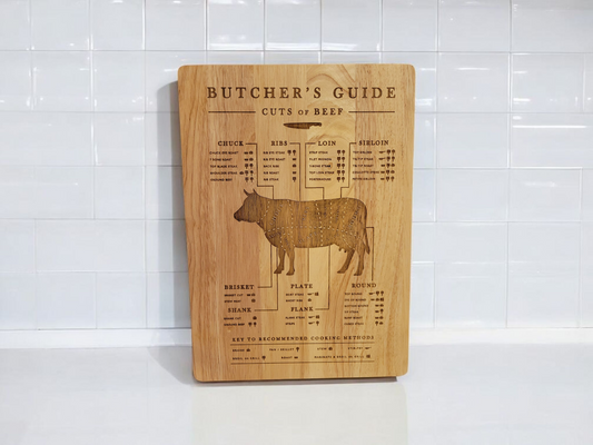 Solid wood butcher board engraved with beef cuts diagram, rustic kitchen style, handmade in Wisconsin.