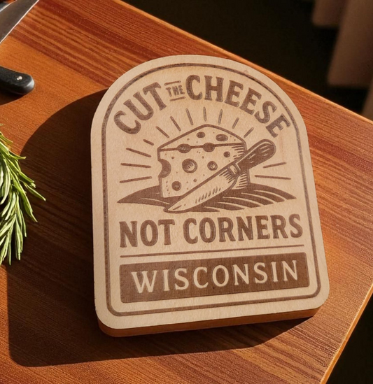 Wood magnet engraved with cheese wedge, knife, and the phrase “Cut the Cheese, Not Corners – Wisconsin.”