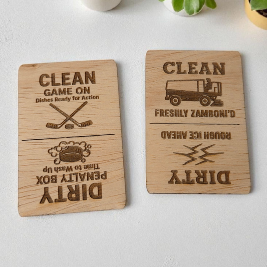 Hockey dishwasher magnet with Game On and Penalty Box design on wood