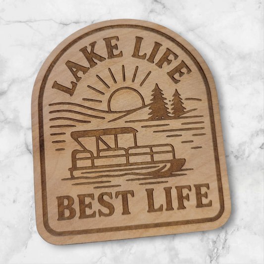 Laser engraved wood magnet with pontoon boat and sunset – Lake Life Best Life design for lake cabin decor