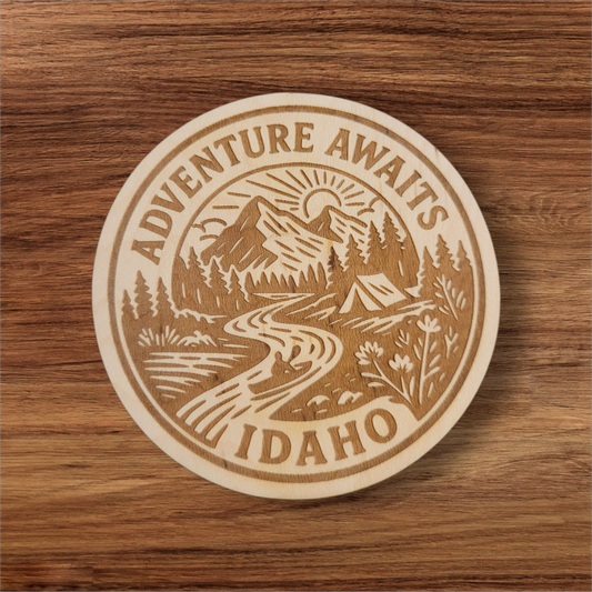 Adventure Awaits Idaho Magnet – Mountain Scene Woodcut