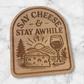 Say Cheese & Stay Awhile laser engraved wood magnet with wine glass and cheese design – rustic kitchen or cabin decor