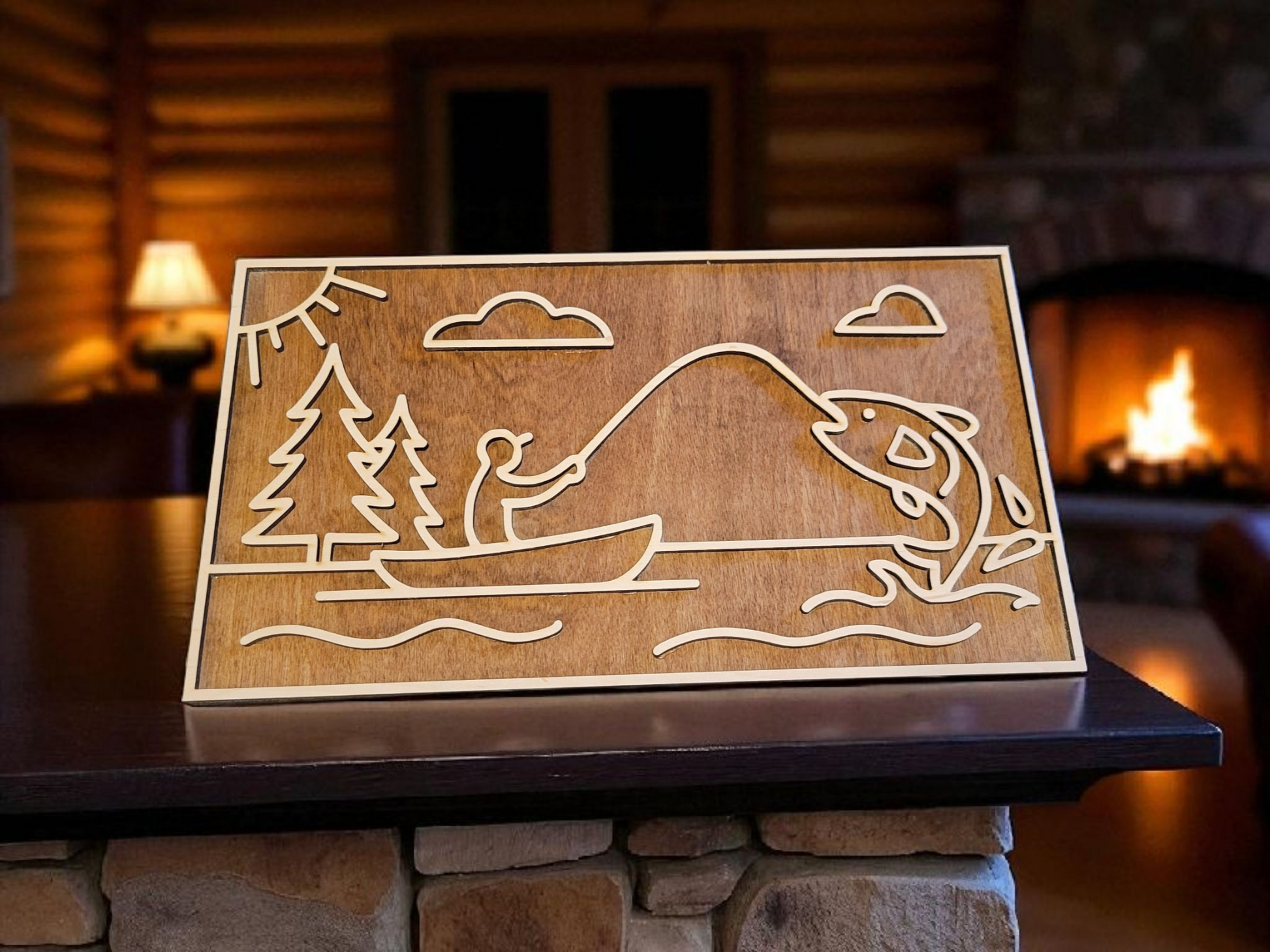 Layered maple wood sign featuring North Woods fishing scene