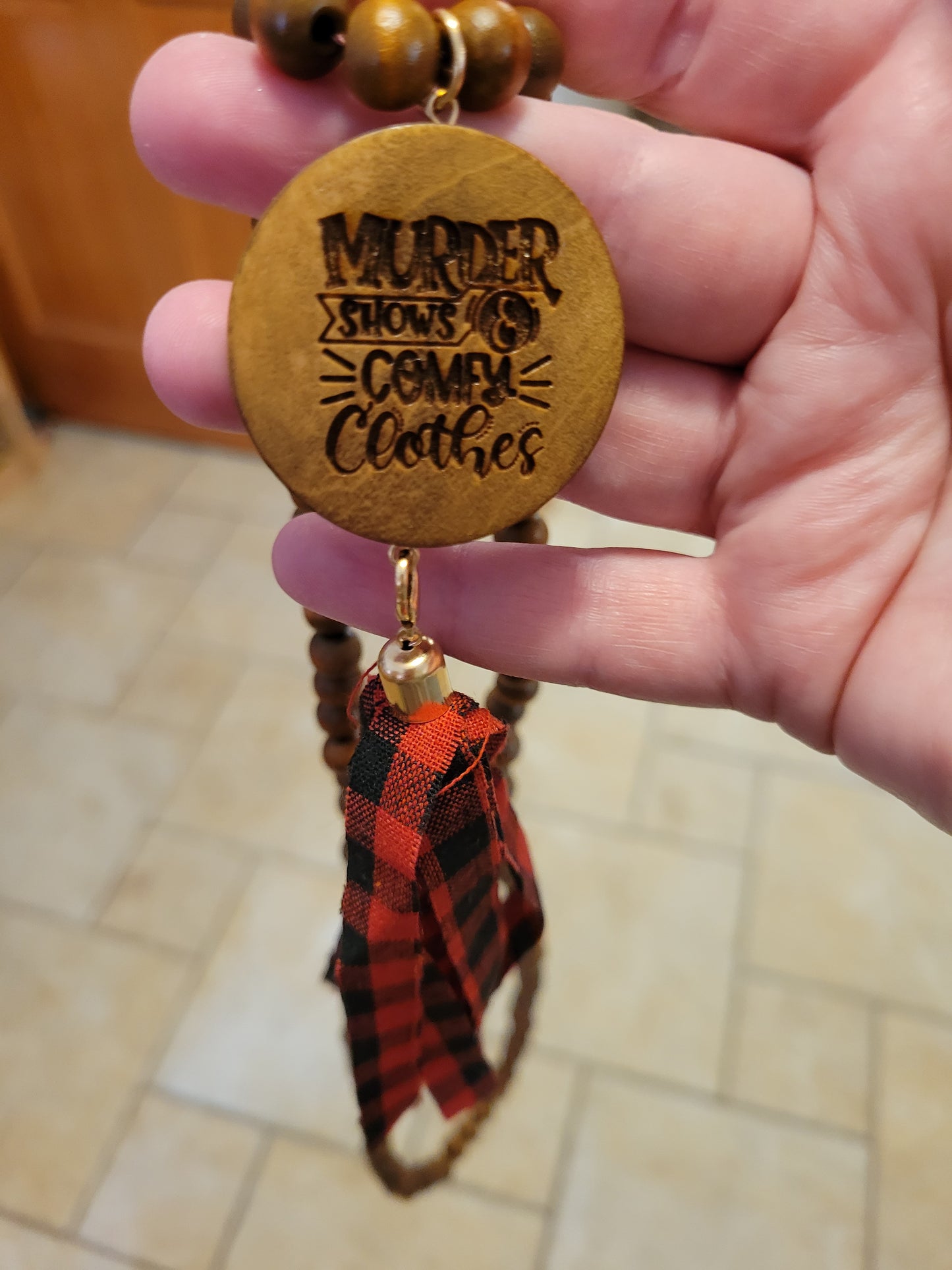 Custom Engraved Buffalo Plaid Wood Bead Necklace