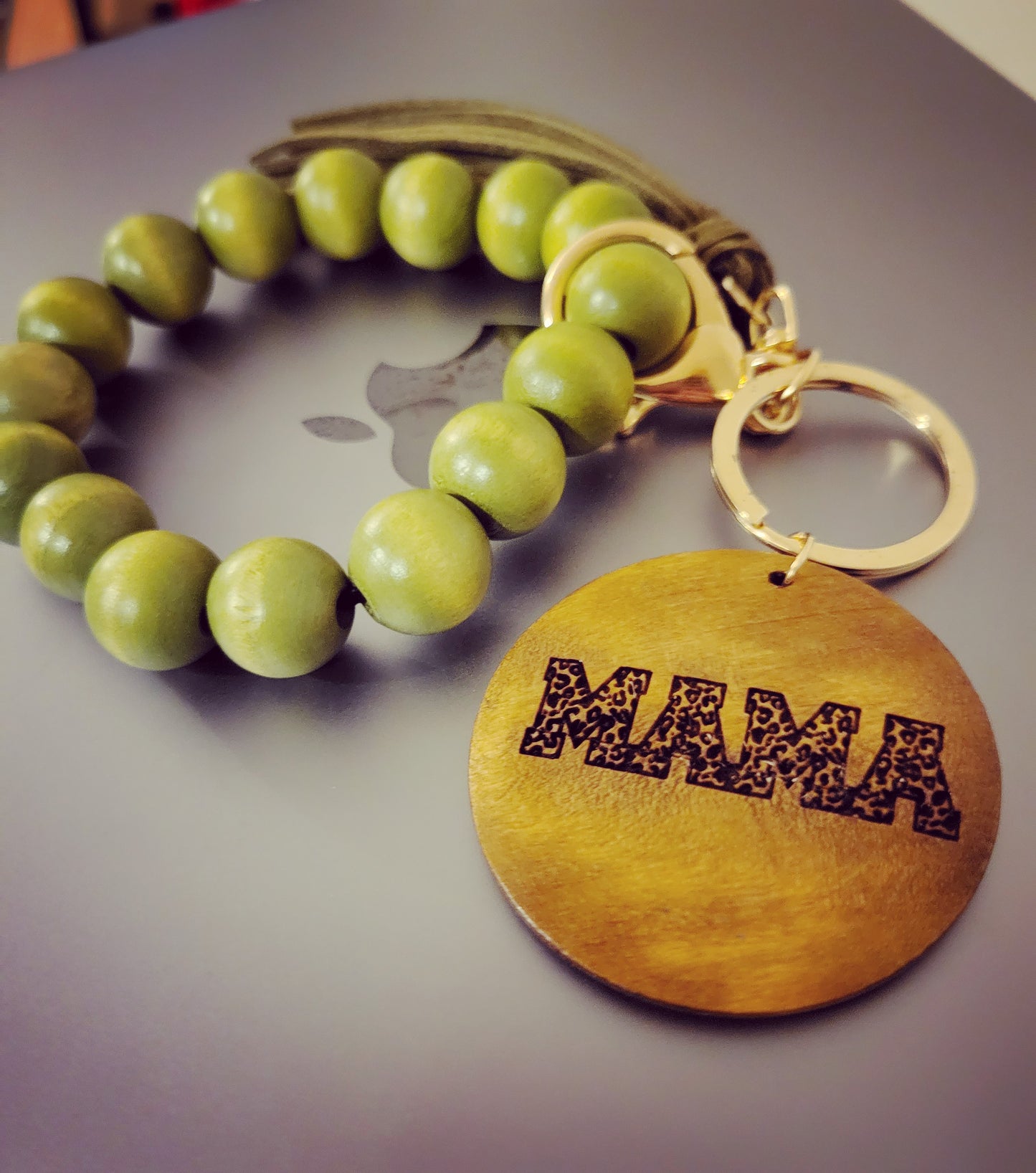 Wooden Bead Wristlet Keychain with Engraving