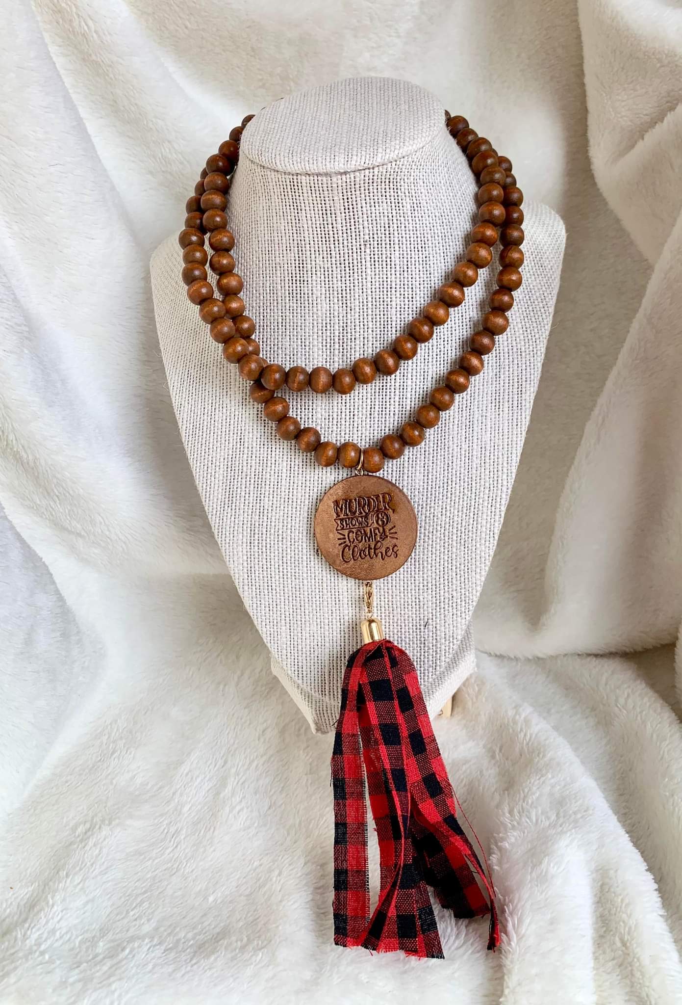 Custom Engraved Buffalo Plaid Wood Bead Necklace
